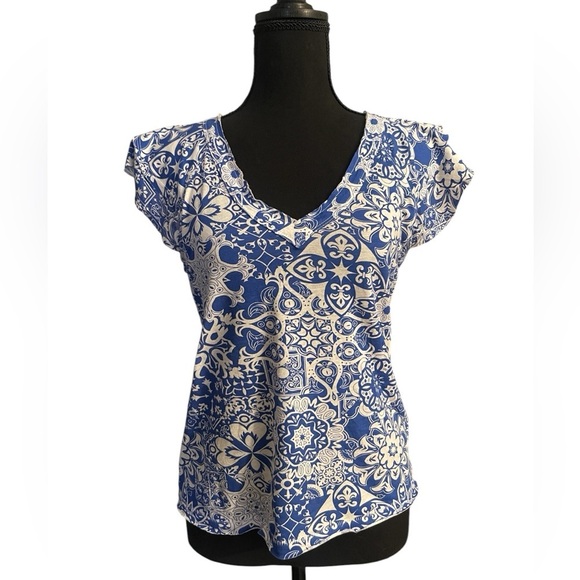 MAEVE ANTHROPOLOGIE CATIE RUFFLE-SLEEVED TEE medallion BLOUSE floral size XS - Picture 2 of 12